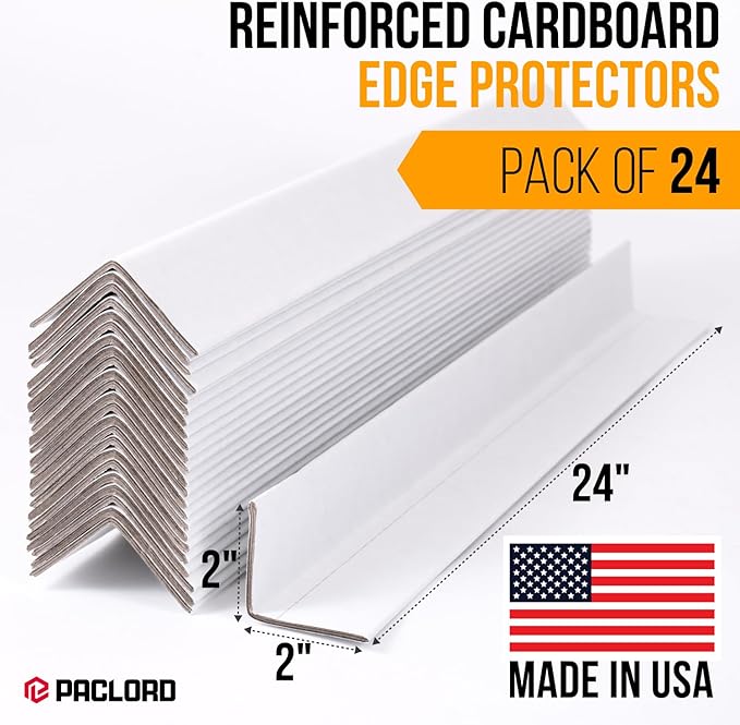 24" x 2" x 2" Reinforced Cardboard Edge Protectors, White (Pack of 24) – 0.12" Thick Medium-Duty Cardboard Corner Protectors for Shipping – American Quality V-Board Pallet Edge Protectors