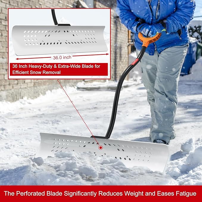 36 Inch Heavy Duty Snow Pusher, Extra Wide Snow Shovel for Driveway, Sidewalk, Patio, Deck & Doorway Snow Removal, Ergonomic Back Saver Snow Plow with UHMW-PE Blade, Non-Slip Grip Handle
