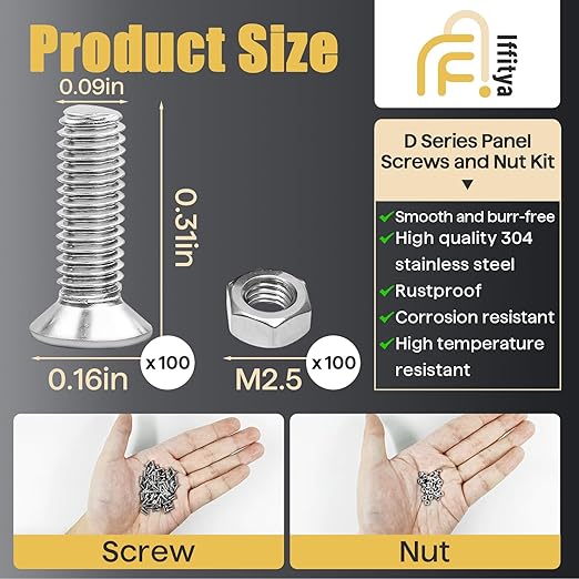 100 Pieces D Series Panel Screws and Nut Kit - Panel Mount Connector, Audio Server Rack Mounts Screws, Metal Screws for D-Series Panel Rack - M2.5 x 8mm Stainless Steel Screw Fasteners