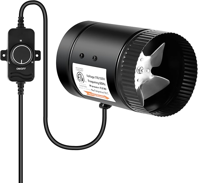 iPower 4 Inch Inline Booster Speed, 106 CFM Ventilation Exhaust HVAC Duct Blower for Bathroom, Kitchen, Basement, Attic and Grow Tent, 4" Fan with Controller, Black