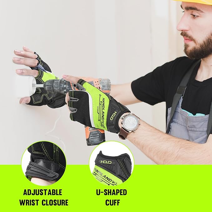 HANDLANDY Fingerless Work Gloves for Men and Women Utility Padded Half Finger Driving Working Gloves (XL, Green)