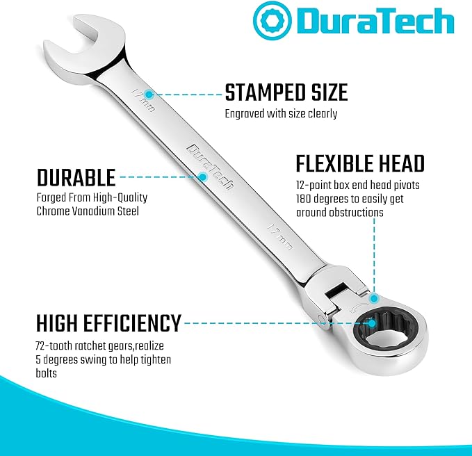 DURATECH 9-Piece Flex-Head Ratcheting Wrench Set, Combination Wrench Sets, 72 Tooth, Metric, 8, 10, 11, 12, 13, 14, 15, 16, 17mm, CR-V Steel, with Rolling Pouch
