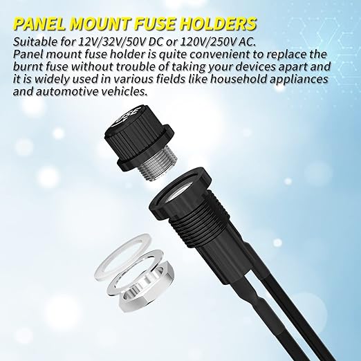 Joinfworld Panel Mount Fuse Holder 5x20mm 12V DC 250V AC Screw Cap Fuse Holders with Pre-Soldered Wires and Fast-Blow Glass Tube Fuses - 5Pack