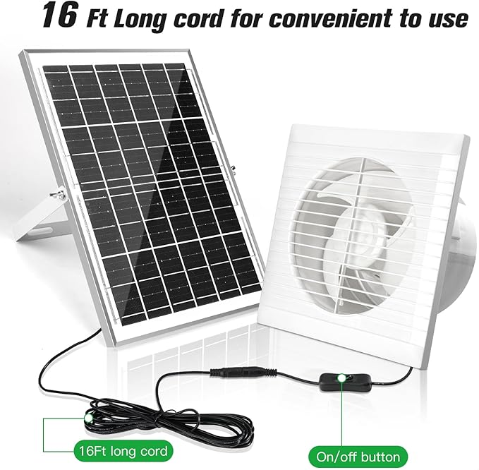 Solar Powered Exhaust Fan, 15W Solar Panel + 6" Ventilation Vent Fan for Outside Greenhouse, Chicken Coop, Shed, Pet House