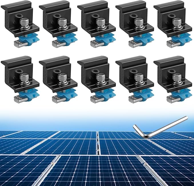 Anbte 10pcs Adjustable Solar Panel End Clamp for Unistrut, 30-50mm Aluminum Solar Panel Mounting Brackets with Nuts Bolts and Wrench, for Metal Roof, Tin Roof, Flat Roof, Sheet Roof, RV, Black