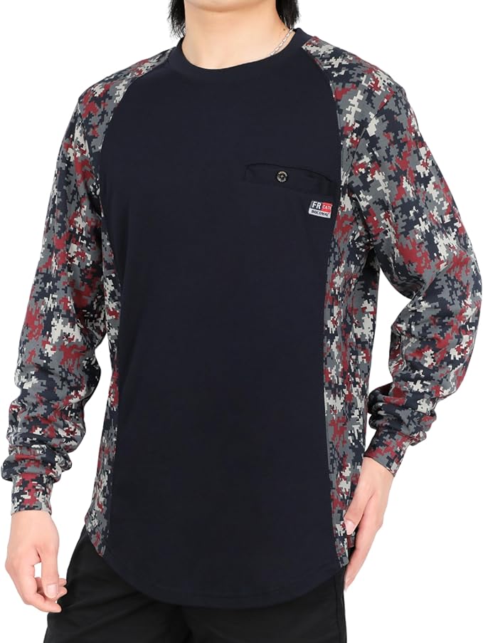 BOCOMAL FR Shirts Crewneck 5.5oz Lightweight Cotton Paisley Camo Two-Tone Flame Resistant Long Sleeve CAT2 Work Shirt