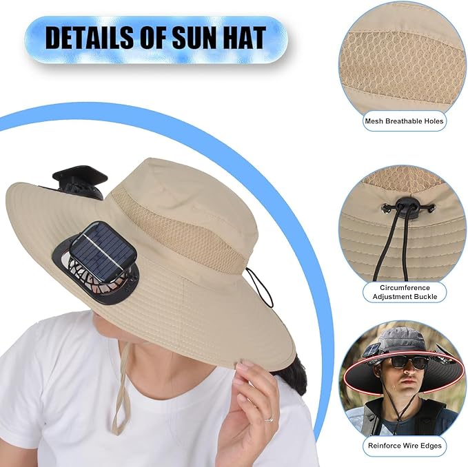 Solar Fan Sun Hat, Widen Brim Outdoor Fishing Men Hat with 2 Fans, Adjsutable 180°Rotating Cooling UPF 50+