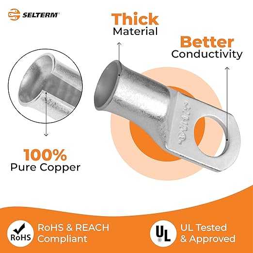 SELTERM 25pcs 2/0 AWG 1/2" Stud Marine Grade Tinned Copper Battery Cable Lugs, 00 Gauge Ring Terminals, UL Wire Lugs Electrical Cable Ends, Terminal Connectors