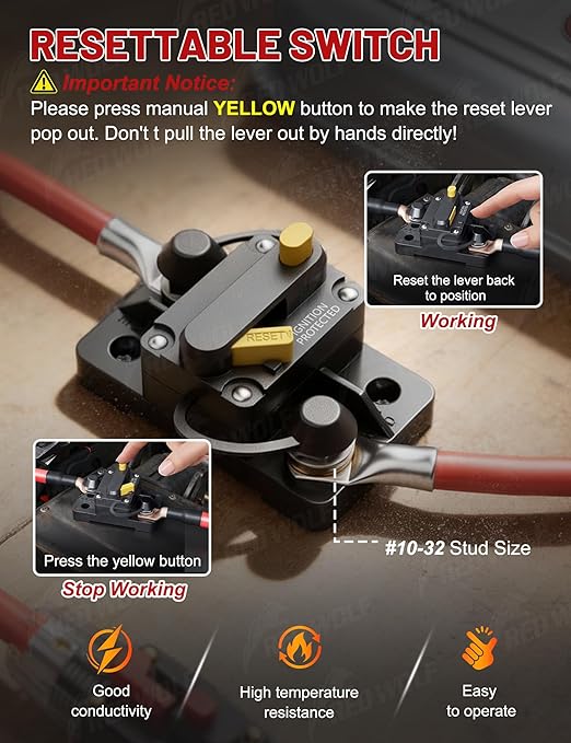 RED WOLF 30A Circuit Breaker Manual Reset, Mid Range Mini Fuse DC 12-32V, #10-32 Stud for Marine Boat Trolling Car Electronic Battery Solar System w/6 AWG-1/4 Wire Lugs Screw Kit Waterproof IP67