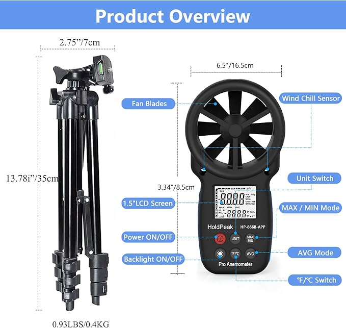 HoldPeak Handheld Anemometer Bluetooth with Tripod, Digital Wind Speed Gauge Meter, Air Flow Velocity Temperature CFM Measuring Device for HVAC Outdoor Sailing Shooting Golf, 866B-APP