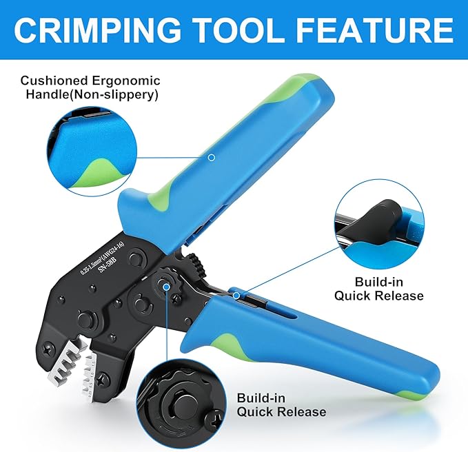 Wire Crimping Tool Wire Crimper Ratchet,Wire Crimper Tool for Open Barrel Terminal Connectors,Electrical Deutsch Crimp Tools for Molex DELPHI AMP Dupont TYCO Terminals,24-14 AWG