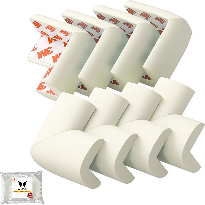Soft Foam Corner Protectors for Baby, Bed Frame Corner Guards, Sharp Edge Desk Furniture Safety Cover Bumpers for Kids, 3M Adhesive Pre-Taped Rubber Padding Cushion (White, 8 Pack)