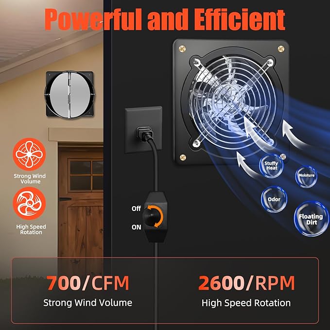 8 Inch Exhaust Fan with Speed Controller, 700CFM Wall Mount Exhaust Fan for Kitchen, Metal Ventilation Extractor Fan with Damper for Bathroom, Garage, Attic, Shop, Pet Room, Smoking Room, Basement