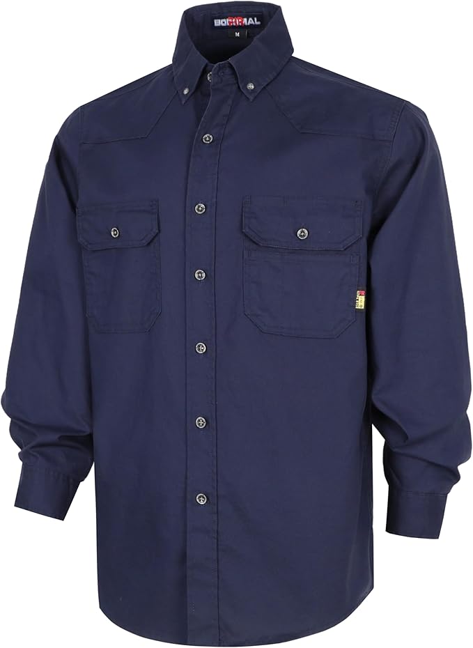 BOCOMAL FR Shirts Button Down Dura-Light 6.5 oz Soft Heather Series Utility Chest Pockets Flame Resistant Work Shirt CAT2