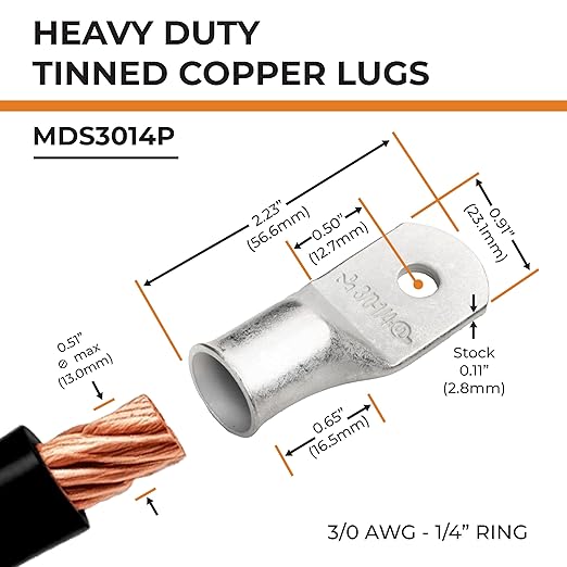 SELTERM 5pcs 3/0 AWG 1/4" Stud Tinned Copper Wire Lugs, Battery Lugs, Ring Terminals, Battery Cable Ends, 000 Gauge Ring Terminal Connectors, UL Marine Grade Electrical Battery Terminal Connectors