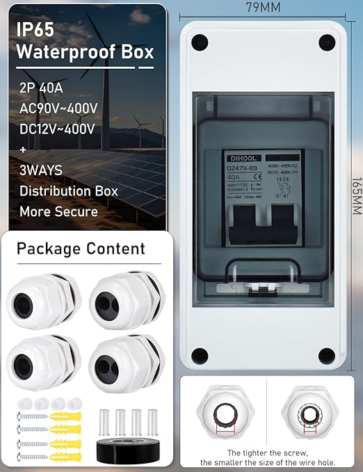 DIHOOL Solar Panel Disconnect Switch with IP65 Din Box, 40 Amp Dual Pole 12V-400V, Non Polarized AC DC Miniature Circuit Breaker, PV Array Shut Off Isolator
