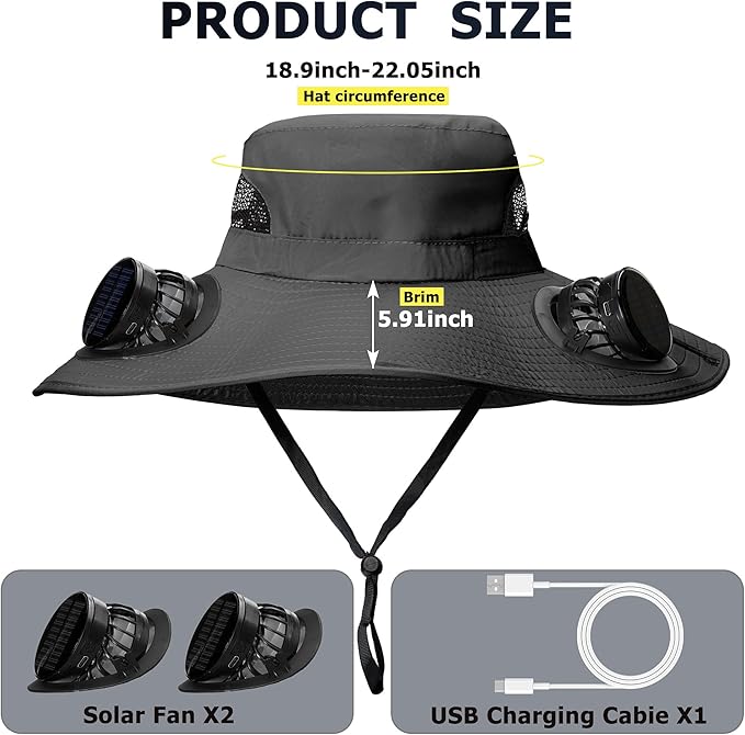 Solar Fan hat, Equipped with Two Detachable Fans, USB/Solar Dual Power Supply, Full Sun Protection,Wide Brim Adjustable
