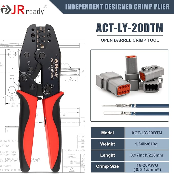 JRready Deutsch Crimping Tool Open Barrel Size 20 - ACT-LY-20DTM Crimper 16-20AWG for deutsch Connector Kit Stamped Formed Contacts ECU Sensor EFI Wiring, Automotive, Marine
