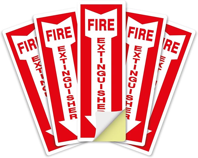 OLANZU Pack of 5 Fire Extinguisher Stickers 4"x 12"- 5 Mil Vinyl - Fire Extinguisher Sign for business with Arrow- Durable Self Adhesive, Weatherproof and UV Protected-Ideal for Office, Home and Outdoor places