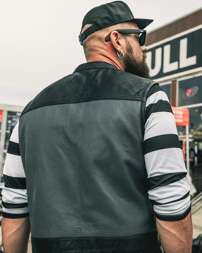 First Mfg Co Lowrider Mens Motorcycle Biker Riding Armor Club Style Black Leather, Twill, Moto Mesh, Perforated Vest