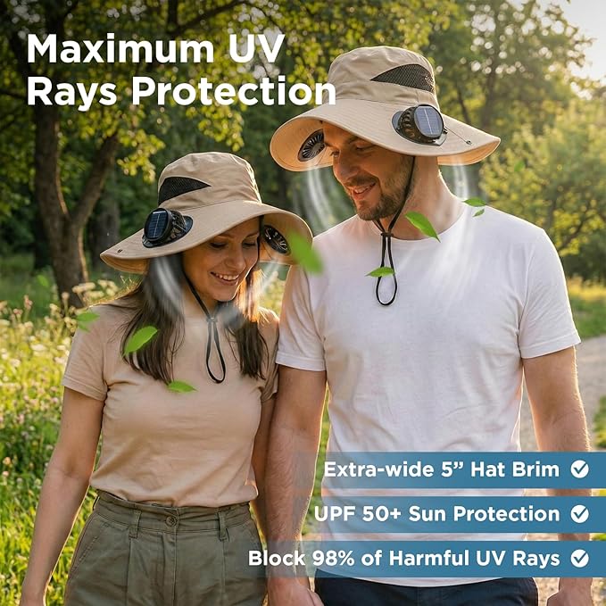 Solar Fan Hat with 2 Removable Fans, Wide Brim Sun Hat USB & Solar Powered for Outdoor Fishing, Camping, Hiking, Gardening, UPF 50+ Sun Protection, Desert Sand