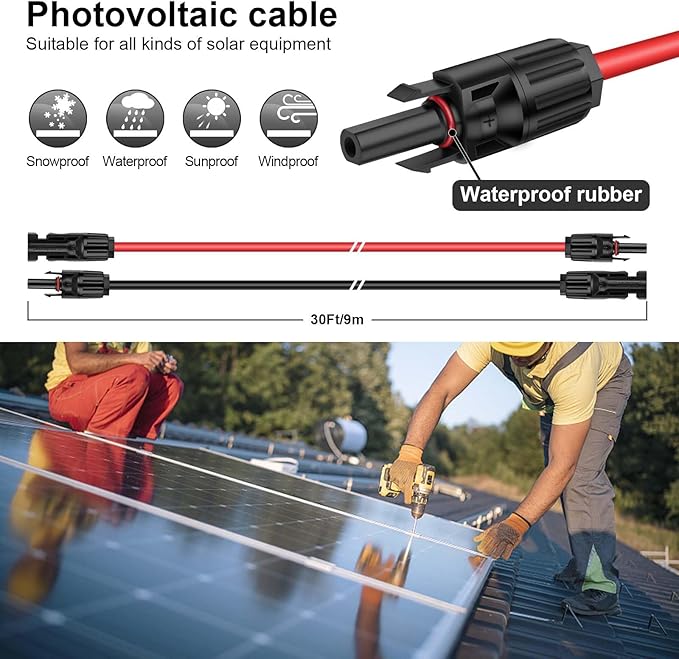 iGreely Solar Panel Extension Cable with Solar Female and Male Connector Solar Panel Adapter (30FT Red + 30FT Black)