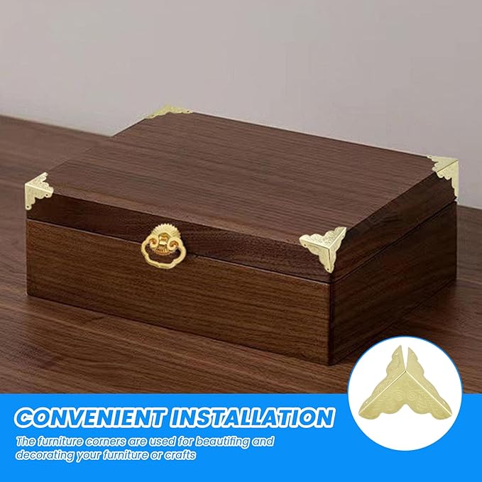 SDTC Tech 12 Pack Furniture Corner Protector 1" x 1" Antique Gold Triangle Edge Decorative Metal Corner Guard for Storage Box Jewelry Case Cabinet Coffee Table Wooden Chest etc.
