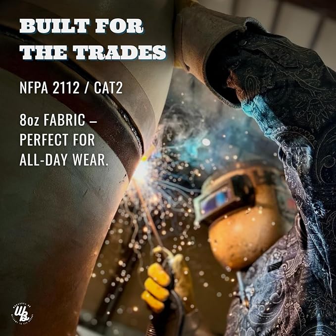 WoahBros FR Shirts for Men, 8oz Midweight Flame Resistant Welding Shirt, 100% Cotton, Pearl Snap Buttons - CAT2/NFPA2112