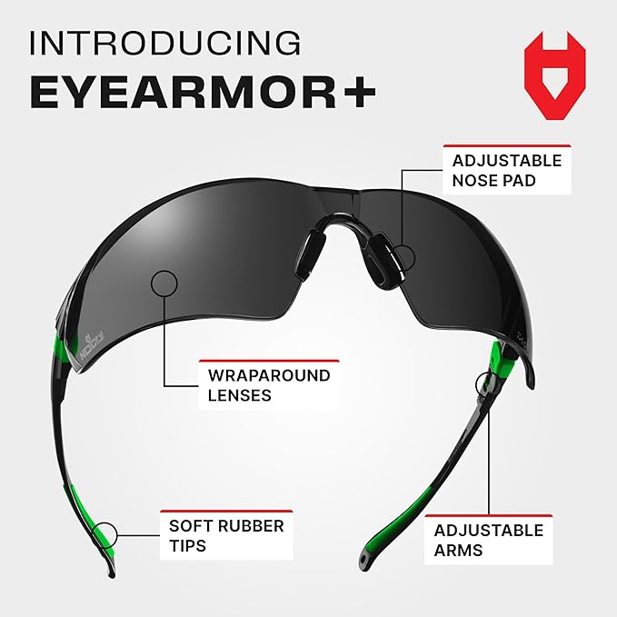 NoCry Safety Glasses with Clear Anti Fog Scratch Resistant Wrap-Around Lenses and No-Slip Grips, UV Protection. Adjustable (Black & Green Tinted 10-pack)
