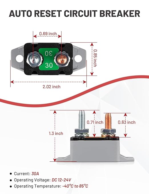 RED WOLF 30Amp Automatic Reset Circuit Breaker with Cover, DC 12V-24V Nylon Insulated & Anti-Rust Stud Type for Automotive Truck Camper RVs Solar Battery Chargers 1pcs