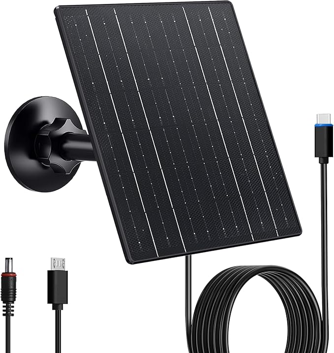 Zivif 10W Solar Charger, 5V Solar Panel for Security Cameras with USB-C/Micro USB/DC 5.5x2.1mm Ports, IP66 Waterproof, 360° Adjustable Mount & 7.2ft Cable