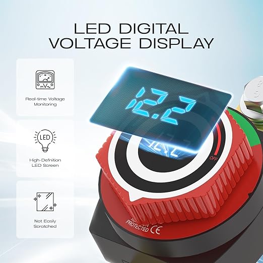 Side Post Battery Disconnect Switch 12V with LED Voltmeter, DC5-80V Car Battery Disconnect Switch Kill Switch for Car, RV, Boat, Marine On Off Battery Cut Off
