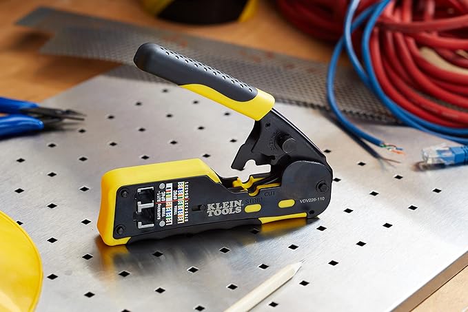 Klein Tools VDV226-110 Ratcheting Modular Data Cable Crimper / Wire Stripper / Wire Cutter for RJ11/RJ12 Standard, RJ45 Pass-Thru Connectors