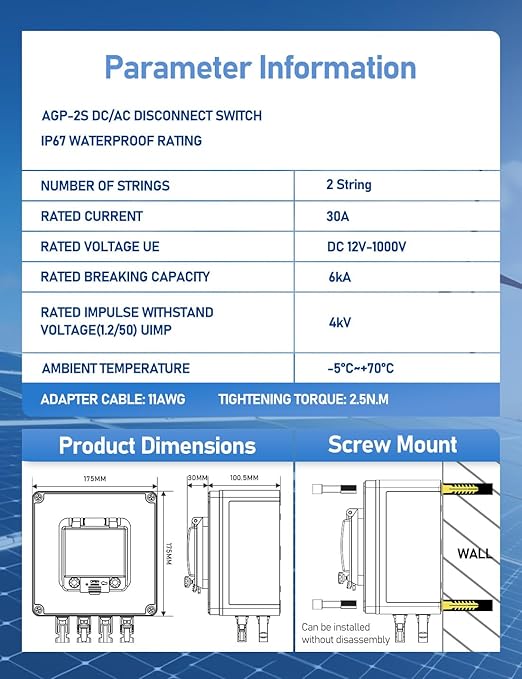 DIHOOL Solar Panel Disconnect Switch 2 String PV Disconnect 30 Amp DC Circuit Breaker Box 2 in 2 Out