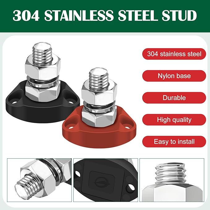 LENKRAD 2Pcs 250A Power Distribution Block M10 Single Stud Bus Bar 12 Volt DC Battery Junction Posts 304 Stainless Steel Insulated Stud Terminal Marine Bus Bar - Positive&Negativ (Red and Black)