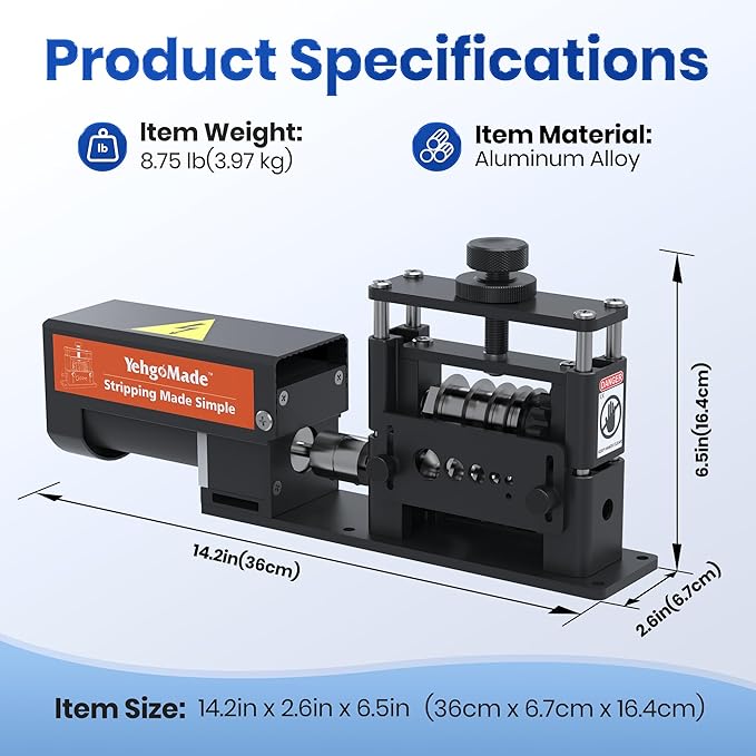Electric Wire Stripper Machine with Enhanced Motor, High-Efficiency Cable Stripper with 6 Channels and 5 Carbide Blades for Fast Copper Wire Recycling, Compatible with 250 MCM–14 AWG