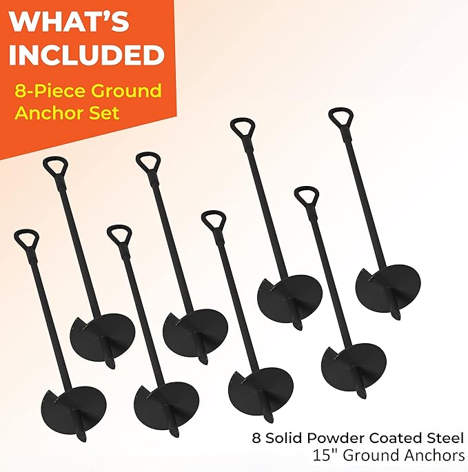 VASGOR 15” Ground Anchors (8pcs) Easy to Use with Drill, 3" Helix Diameter, Heavy Duty Anchor Hook for Camping Tent, Canopies, Car Ports, Sheds, Swing Sets, Securing Animals – Black Powder Coated (8)