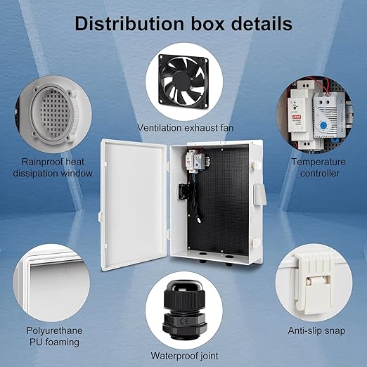 Outdoor Electrical Box with Thermostat and Fan, ABS Water Resistant Enclosure with Internal Mounting Panel & Hinged Cover, 18.1" H* 12.6" L* 6.3" W, Plug & Play.