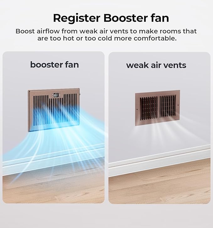 Quiet Register Booster Fan Fits 6" x 10" Register Holes, 10-Speed Smart Heating Cooling AC Vent Fan with Remote Control and Thermostat Control - Bronze