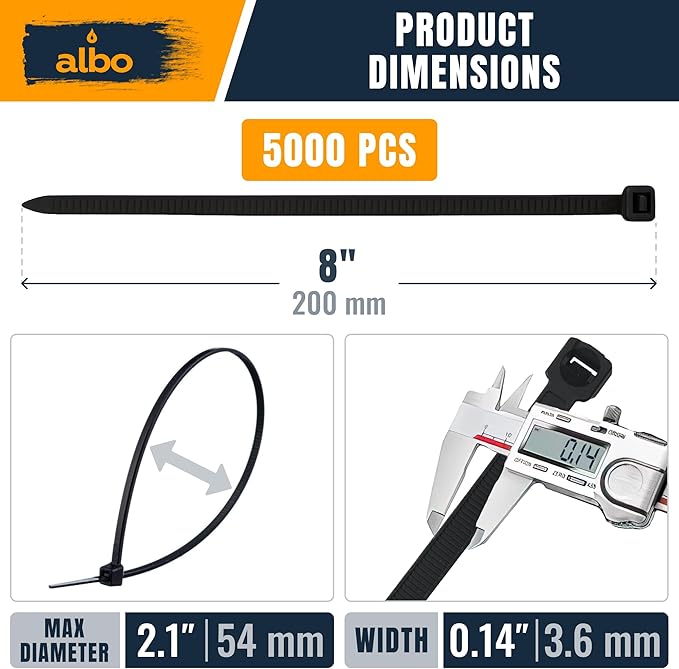 ALBO Zip Ties Black 8 Inch 5000 Pack 40 lb, Long Plastic Cable Ties Thick 0.14 Inch Tie Wraps Heavy Duty UV Resistant Nylon Wire Ties for Indoor and Outdoor / 5000pcs