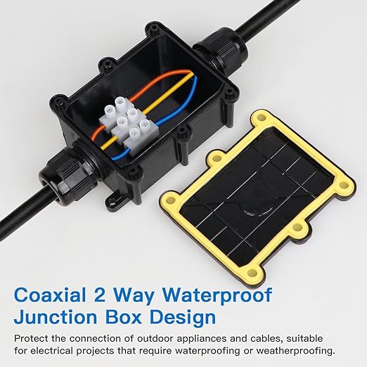 Helunsi Waterproof IP68 External Junction Box, 2 Way Outdoor Junction Box, Underground Plug Line Coaxial Cable Connector Wire Range 5 to 15mm Electrical Power Cord Weatherproof Junction Boxes - Black