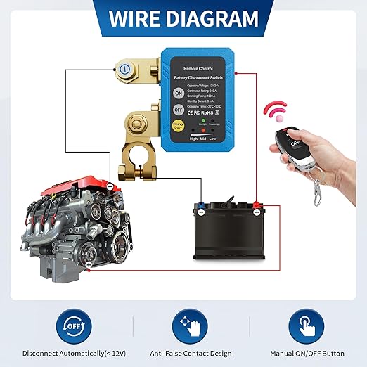 Remote Battery Disconnect Switch 12V/24V 240A Kill Switch Automatic Power Shut Off Switch Remote Control Switch for Auto Car Truck Boat