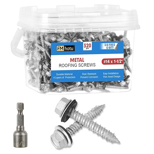 Metal Roofing Screws #14×1-1/2Inch, 500-PCS, Hex Head Rustpert Coating Sheet Metal to Wood Siding Screw with EPDM Rubber Washer, Sharp Point, Hex Socket Included