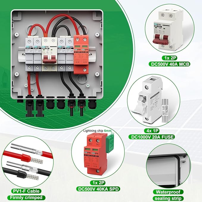 2 String Solar PV Combiner Box IP65 2 in 1 Out DC500V 40A Circuit Breaker with Surge Protector and 20A PV Fuse,Solar Disconnect Switch Outdoor Waterproof for Solar Panels System