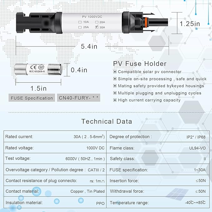 30A Solar Fuse Connector IP68 Waterproof 1000V in-line Fuse Holder 30A Male and Female Connector Waterproof in-Line Fuse Holder (Contains 4 fuses + 2 Solar Fuse Holders)… (30A)
