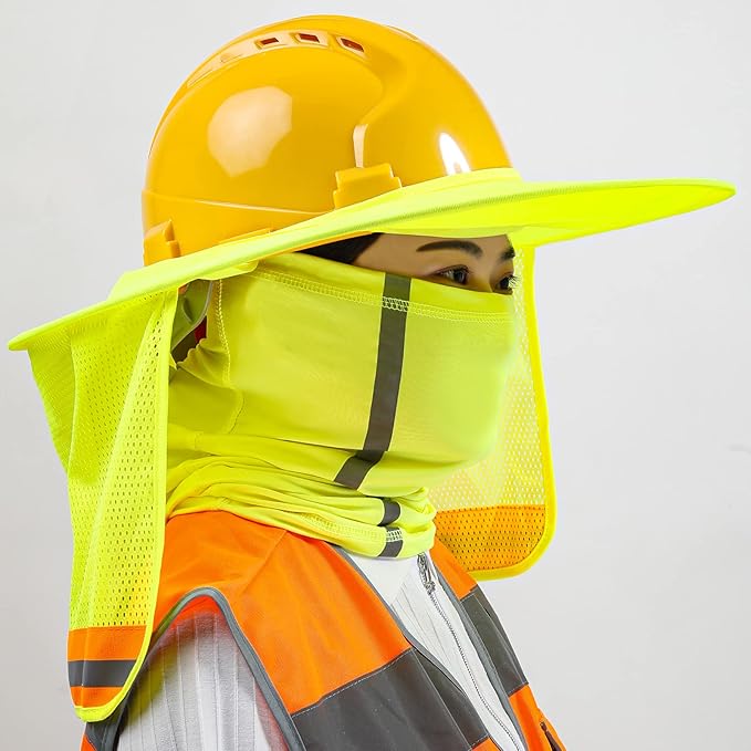 TCCFCCT Hard Hat Sun Shade, Full Brim High Visibility Sun Visor Neck Shield and Bandana Face Scarf with Construction Arm Sleeves, 3 Packs, Yellow