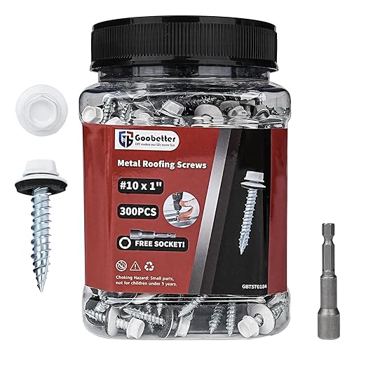 Metal Roofing Screws 10 x 1 Galvanized Hex Head Sheet Metal Screws, Metal to Wood Siding Screws, Self Tapping Screw with EPDM Washer for Corrugated Roofing (White-300Pcs)