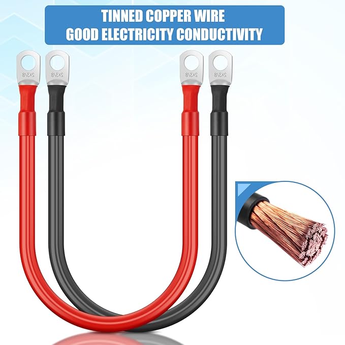 Hoteam 6 Pcs Battery Cable Copper Battery Inverter Cables with Terminals 3/8 Inch Lugs Red and Black Both Ends Power Inverter Wire for Solar Motorcycle Automotive RV Car Boat Marine(2awg,2ft)
