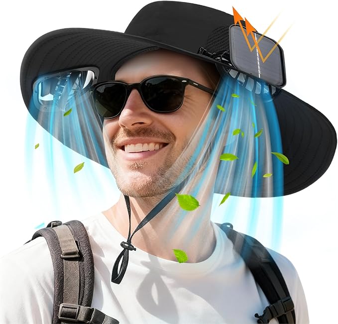 Berlune Men Sun Hat with 2 Solar Fans Wide Brim Outdoor Fishing Hat USB & Solar Powered for Sun Protection Camping Hiking