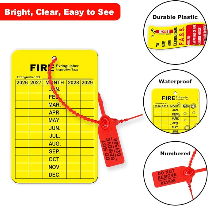 90 Sets Fire Extinguisher Tags Monthly Inspection Tear-Resistant Numbered Plastic Tamper-Evident Cable Ties Easy to Punch Includes Handheld Hole Puncher- Red